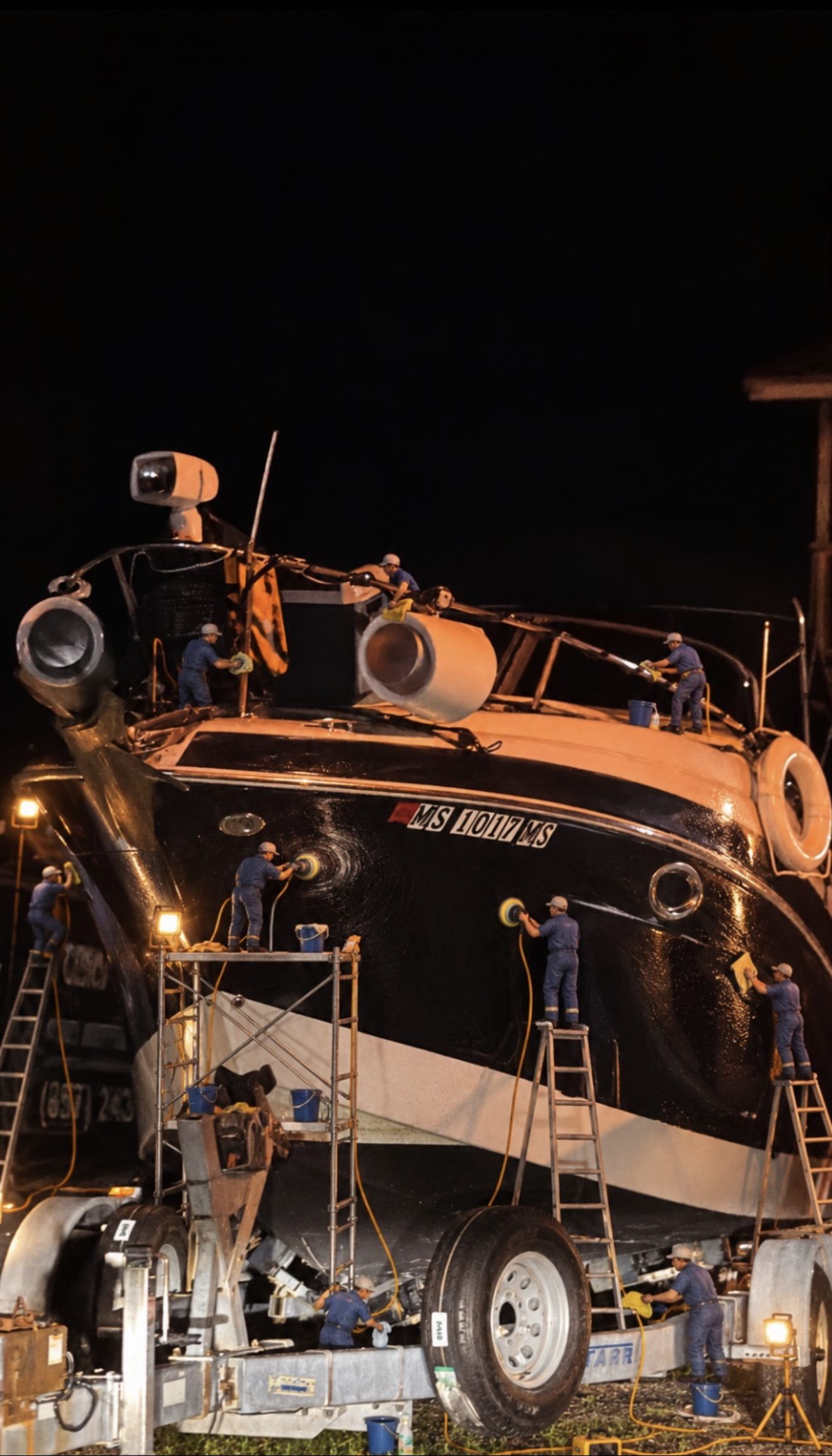O Vista 258 na carreta à noite, com uma equipe em escadas e andaimes polindo o casco